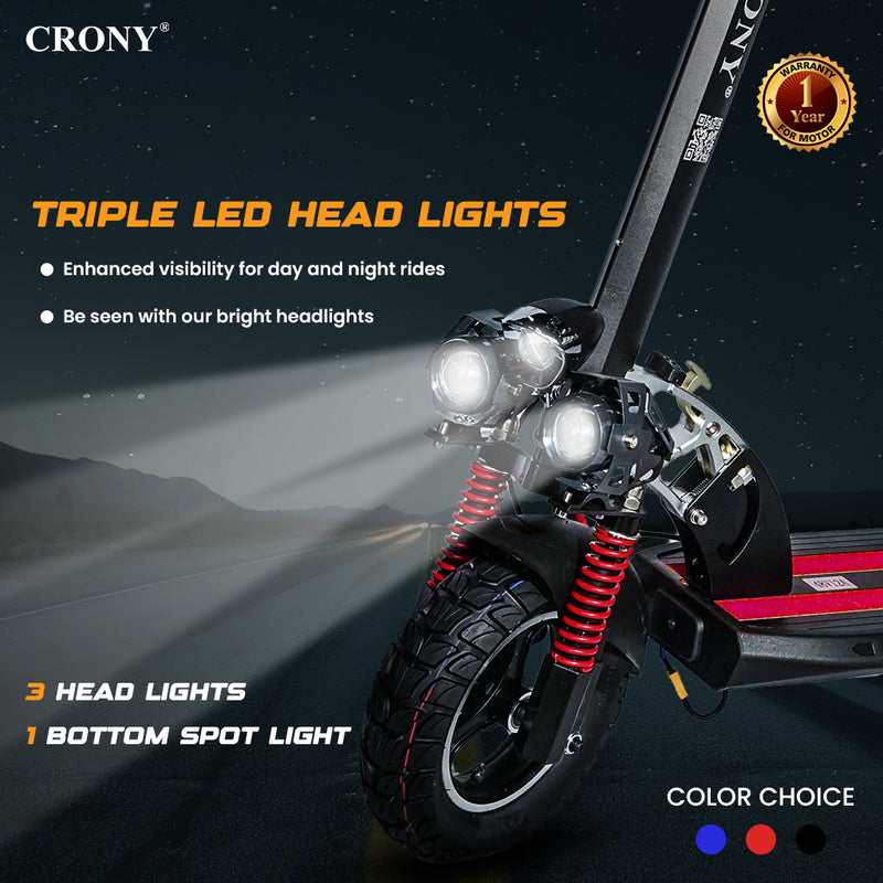 CRONY V10 Red Fast Speed Electric Scooter 1200W Motor, 48V Battery, Top Speed 68Km/h, Range 20-40Km, Triple LED Headlamps, Base LED Lights, 10 Inch Tyres