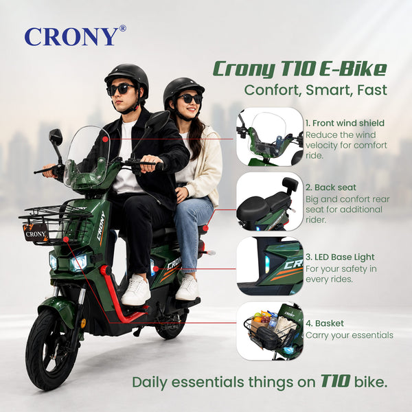 CRONY T10 Tank Electric Scooter, Green, 800W Motor, 48V 20Ah Detachable Battery, 40–60 km/h Top Speed, 40–50 km Range, Dual Seat, Front & Rear Suspension, LCD Display, Front Basket & Bluetooth Speaker