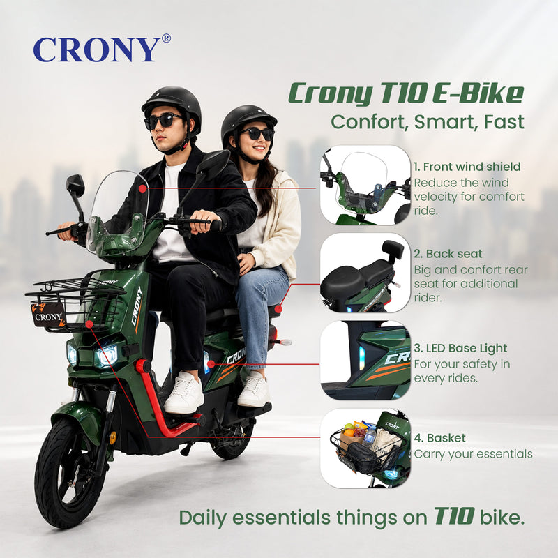 CRONY T10 Tank Electric Scooter, Green, 800W Motor, 48V 20Ah Detachable Battery, 40–60 km/h Top Speed, 40–50 km Range, Dual Seat, Front & Rear Suspension, LCD Display, Front Basket & Bluetooth Speaker