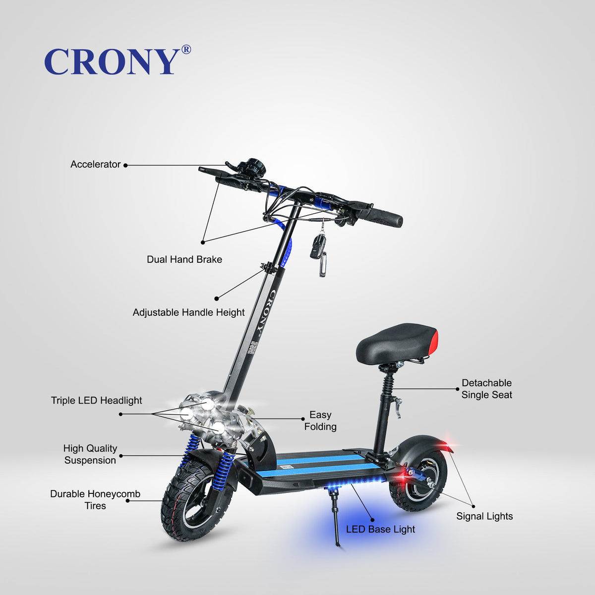 CRONY V10 Electric Scooter 1200W Motor 48V/12AH Battery 20-40KM Range Disc Brakes Front/Rear Suspension 10” Off-Road Tires