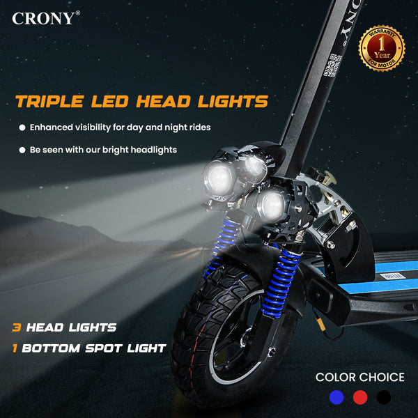 CRONY V10 Blue Fast Speed Electric Scooter 1200W Motor, 48V Battery, Top Speed 68Km/h, Range 20-40Km, Triple LED Headlamps, Base LED Lights, 10 Inch Tyres