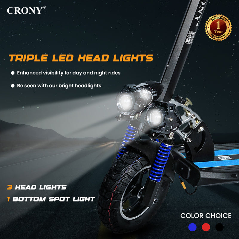 CRONY V10 Blue Fast Speed Electric Scooter 1200W Motor, 48V Battery, Top Speed 68Km/h, Range 20-40Km, Triple LED Headlamps, Base LED Lights, 10 Inch Tyres