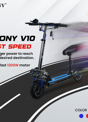 CRONY V10 Blue Fast Speed Electric Scooter 1200W Motor, 48V Battery, Top Speed 68Km/h, Range 20-40Km, Triple LED Headlamps, Base LED Lights, 10 Inch Tyres