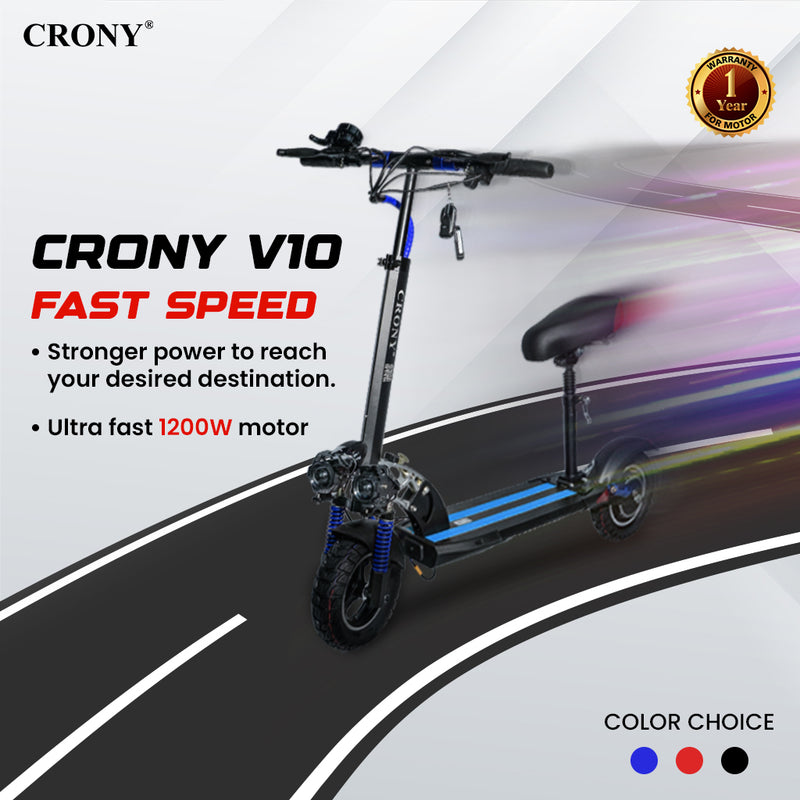 CRONY V10 Blue Fast Speed Electric Scooter 1200W Motor, 48V Battery, Top Speed 68Km/h, Range 20-40Km, Triple LED Headlamps, Base LED Lights, 10 Inch Tyres