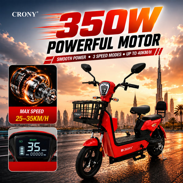 CRONY W8 Golden Eagle Electric Bike, Red, 350W Rear Hub Motor, 48V 12Ah/20Ah Battery, 40 km/h Top Speed, 31–60 km Range, 14-Inch Wheels, 3-Speed, Front Drum & Rear Locking Brake, Long-Range Electric City Bike