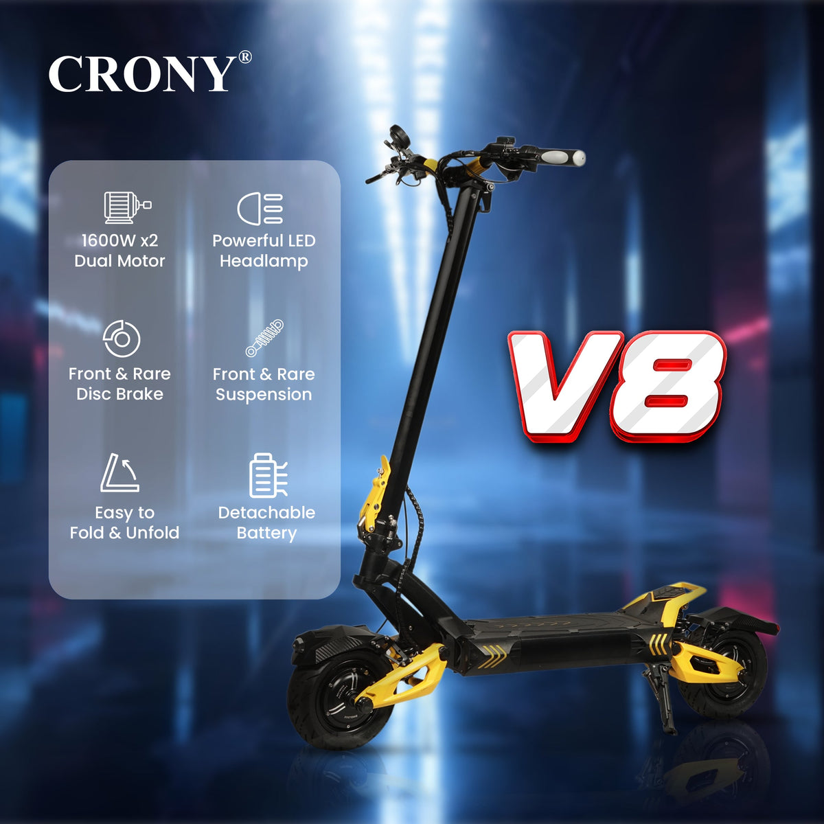 CRONY V8 Electric Scooter 1600W x2 Motors 60V/26AH Battery 40-80KM Range Disc Brakes Front/Rear Suspension Detachable Battery