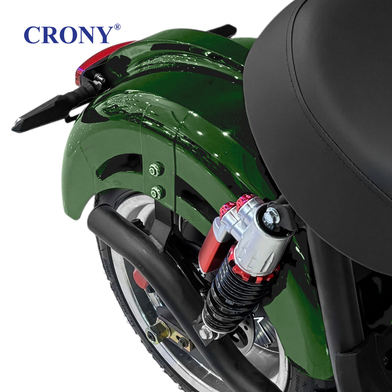 CRONY X1 Electric Motorcycle, 3000W Motor, 60V 12Ah Battery, 60-80KM/H Max Speed, 25-35KM Range, Front & Rear Disc Brakes, Front & Rear Suspension, LCD Display, LED Lights, Bluetooth Speaker, Mobile Phone Holder, Harley Bag, Green