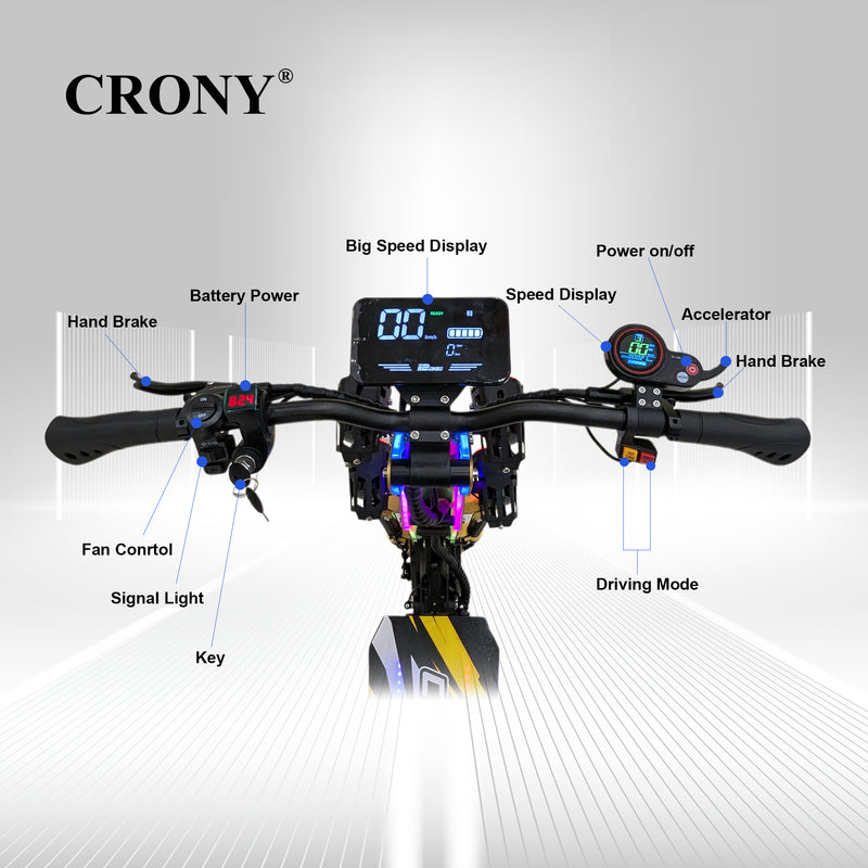 CRONY GT-13 Electric Scooter – Dual Motor, 13-Inch Fat Tires, Aluminum Alloy Frame, Front & Rear Suspension, Oil Disc Brakes, LED Lights, LCD Display, Bluetooth Speaker, Phone Holder & Foldable Design | High-Performance Off-Road Scooter