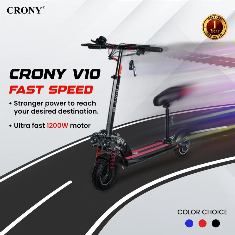 CRONY V10 Red Fast Speed Electric Scooter 1200W Motor, 48V Battery, Top Speed 68Km/h, Range 20-40Km, Triple LED Headlamps, Base LED Lights, 10 Inch Tyres