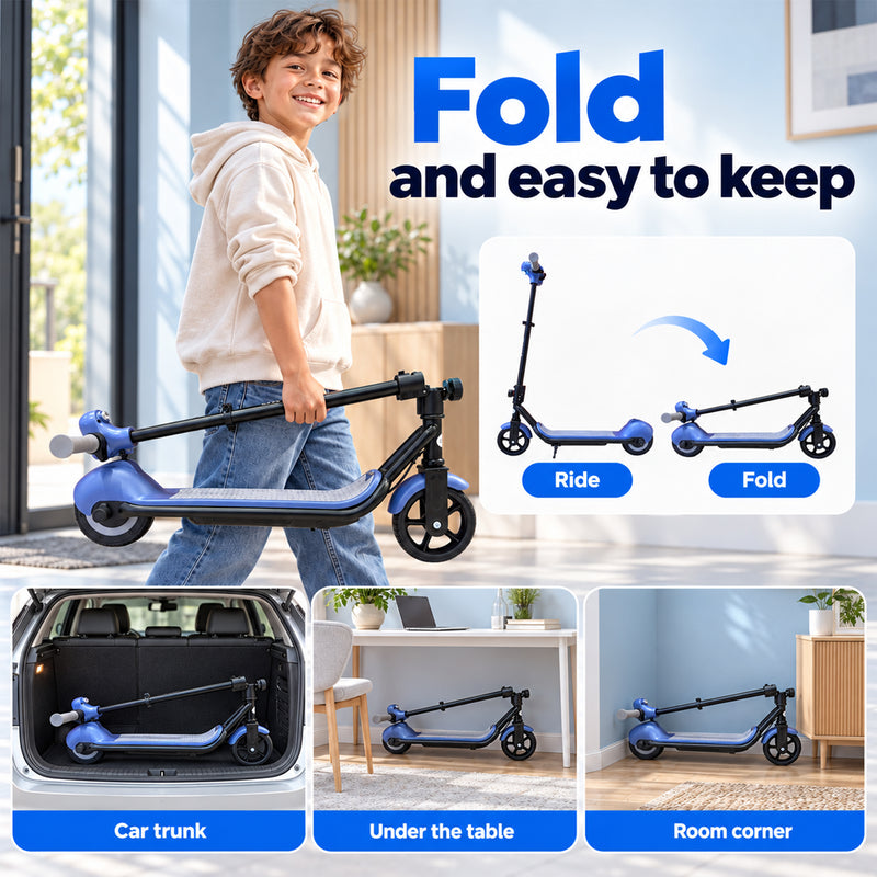CRONY E68 Electric Scooter for Kids, 110W Motor, 10–16 KM/H Top Speed, 24V 2.5Ah Battery, 5–8 KM Range, 6.5-Inch Tires, Easy Folding, Adjustable Handlebar, LED Headlight & Rear Wheel Light, Bluetooth Speaker, Blue