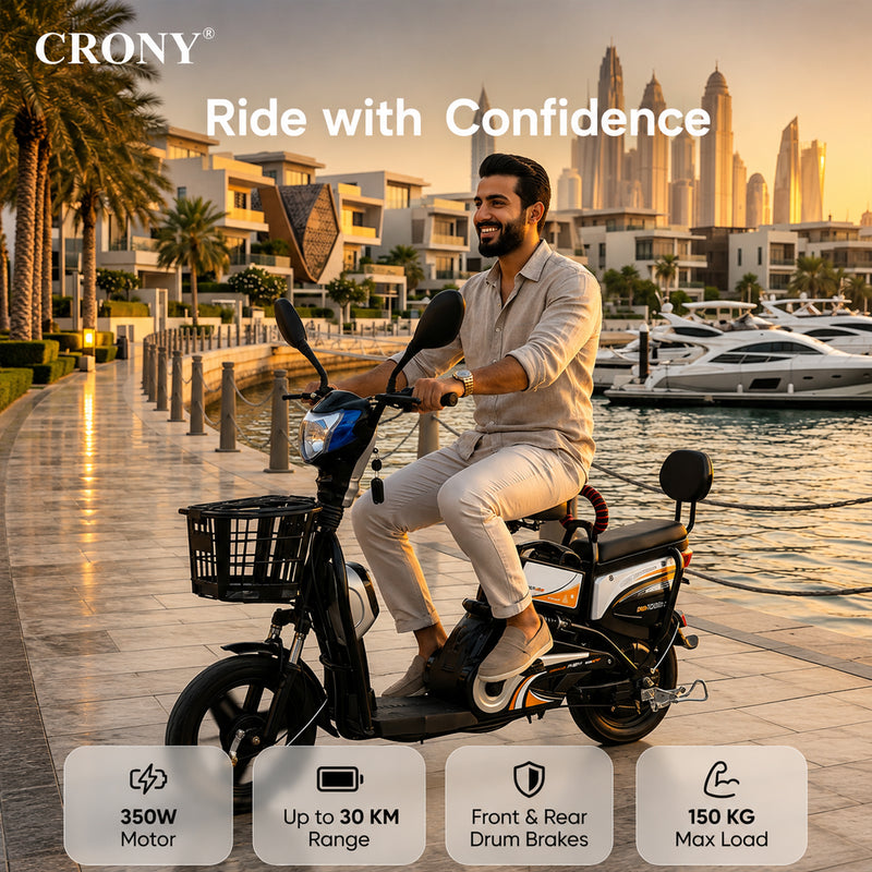 CRONY W6 Electric Bike, Black, 500W Rear Hub Motor, 48V Battery, 14-Inch Wheels, 3-Speed Electric City Bike, 31–70 km Range, Electric Scooter Motorcycle
