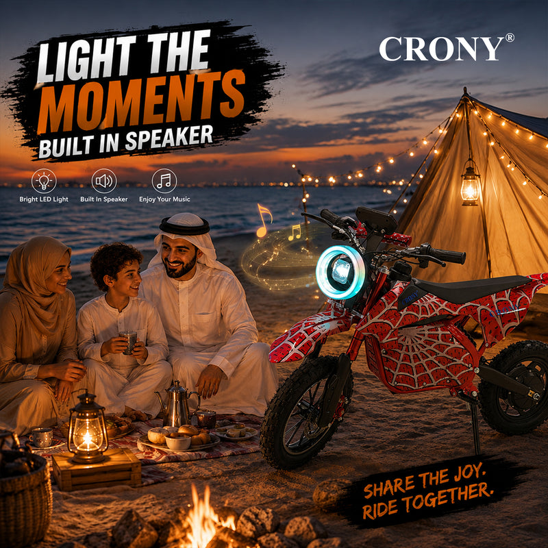 CRONY-09 Spider Red Electric Dirt Bike 350W Motor, 36V 12Ah Battery, 14 Inch Off-Road Tires, Up to 36KM/H Speed, LCD Display, LED Headlight, Bluetooth Speaker, Electric Motorcycle for Outdoor Riding, Durable Design, 1 Year Motor Warranty