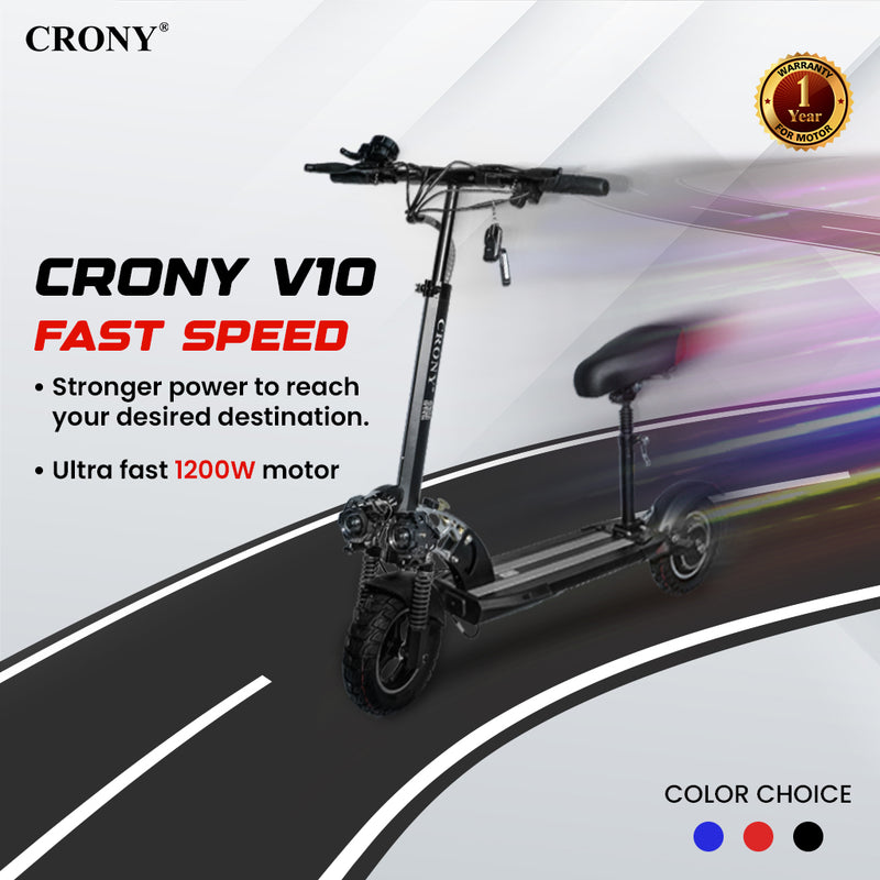 CRONY V10 Black Fast Speed Electric Scooter 1200W Motor, 48V Battery, Top Speed 45-68Km/h, Range 20-40Km, Triple LED Headlamps, Base LED Lights, 10 Inch Tyres