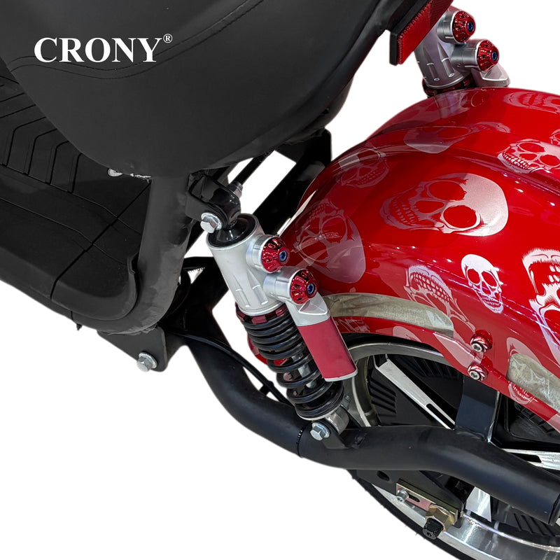 CRONY X1 Electric Motorcycle, 3000W Motor, 60V 12Ah Battery, 60-80KM/H Max Speed, 25-35KM Range, Front & Rear Disc Brakes, Front & Rear Suspension, LCD Display, LED Lights, Bluetooth Speaker, Mobile Phone Holder, Harley Bag, Red Skull
