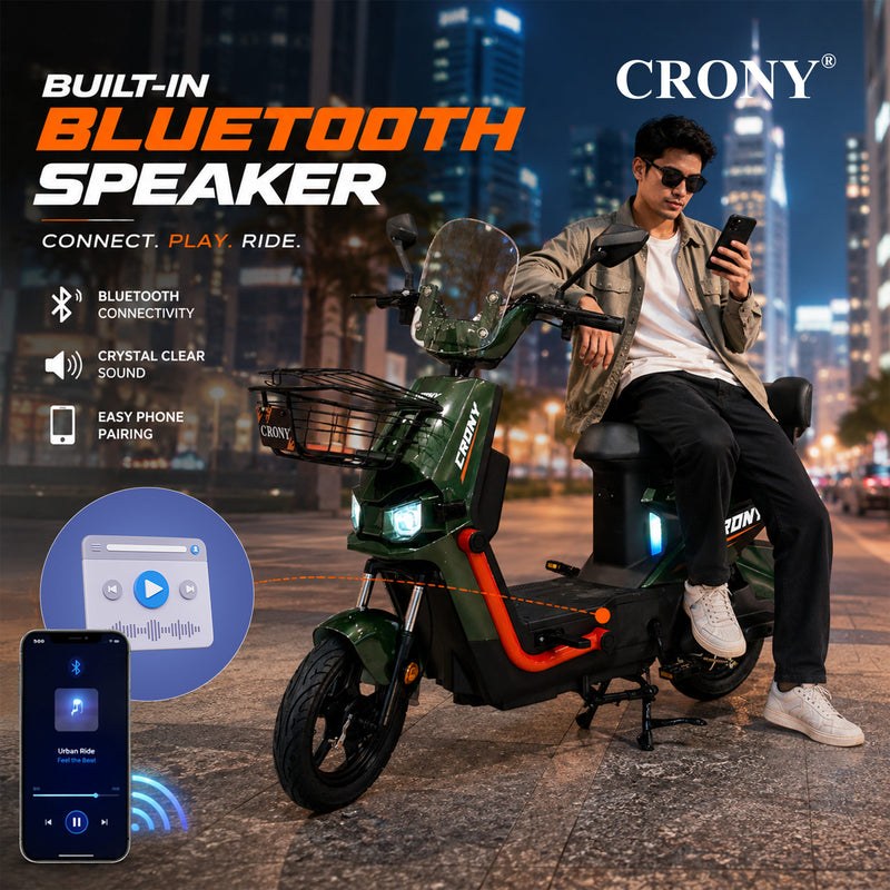 CRONY T10 Tank Electric Scooter, Green, 800W Motor, 48V 20Ah Detachable Battery, 40–60 km/h Top Speed, 40–50 km Range, Dual Seat, Front & Rear Suspension, LCD Display, Front Basket & Bluetooth Speaker