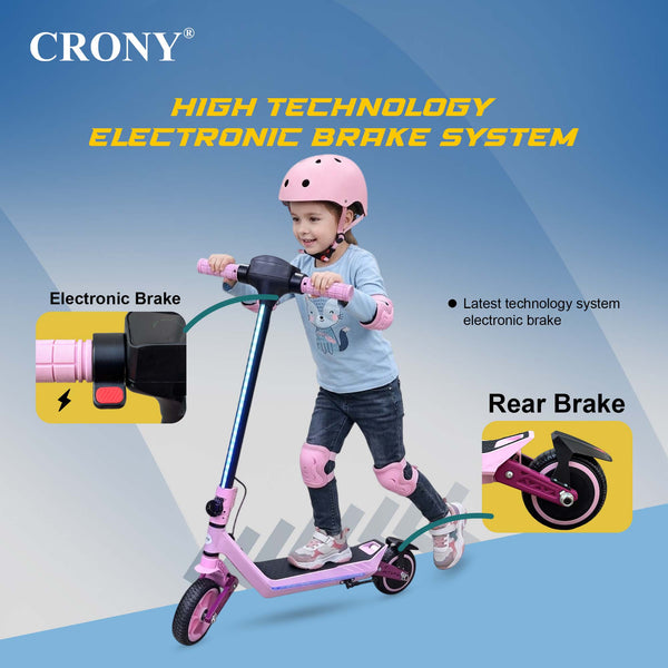 CRONY E72 Dual-Shock Electric Scooter for Kids, Pink, 150W Motor, 24V 2.6Ah Battery, 8-12KM/H Speed, 5-10KM Range, Front & Rear Suspension, LED Display, Easy Folding, 1 Year Motor Warranty