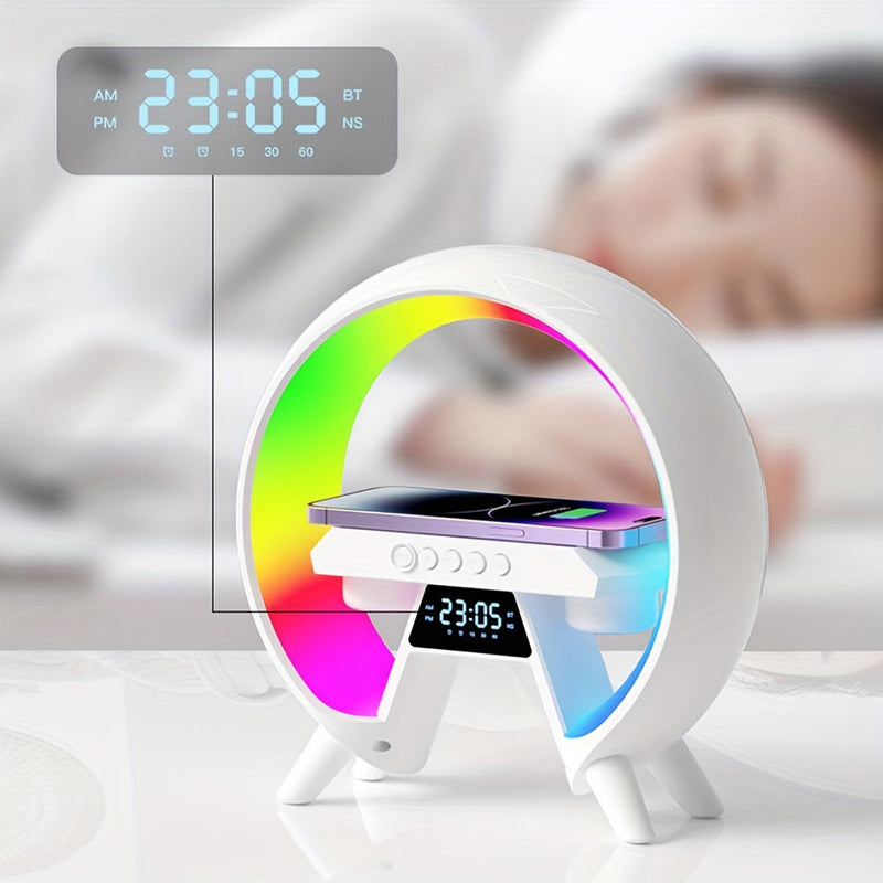 New G table lamp BT speaker with clock & wireless charge Atmosphere Lamp Speaker, Dimmable Night Light Lamp Alarm Clock With Music Sync