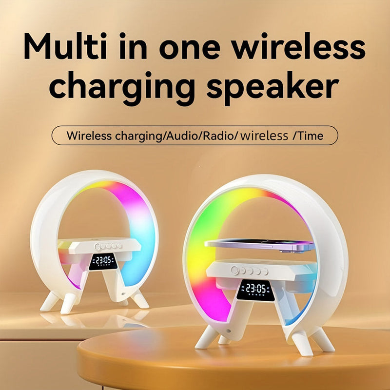 New G table lamp BT speaker with clock & wireless charge Atmosphere Lamp Speaker, Dimmable Night Light Lamp Alarm Clock With Music Sync