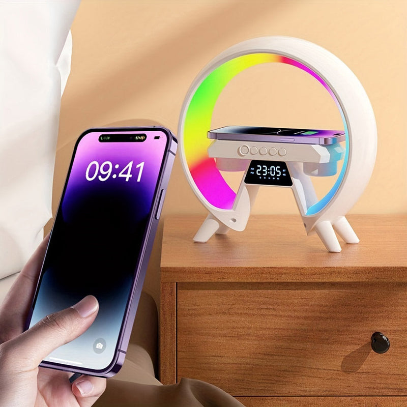 New G table lamp BT speaker with clock & wireless charge Atmosphere Lamp Speaker, Dimmable Night Light Lamp Alarm Clock With Music Sync