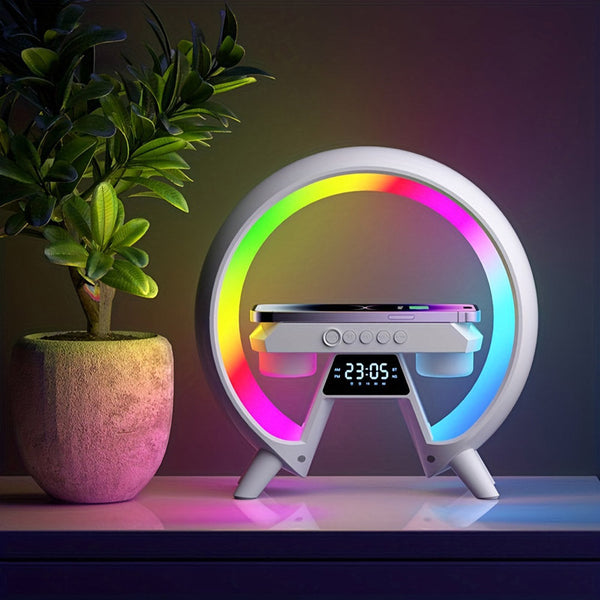New G table lamp BT speaker with clock & wireless charge Atmosphere Lamp Speaker, Dimmable Night Light Lamp Alarm Clock With Music Sync