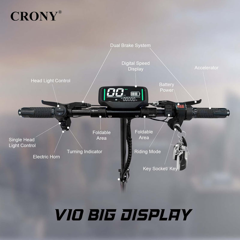 CRONY V10 Big Display+Seat Electric Scooter 1200W Motor 48V/14AH Battery 25-35KM Range Disc Brakes Front/Rear Suspension