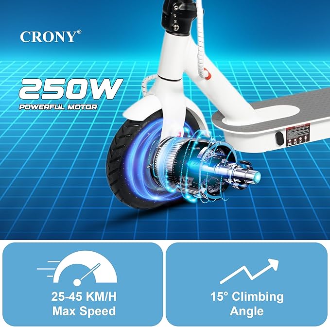 CRONY M365 Foldable Electric Scooter, Lightweight Commuter Scooter for Adults Kids, 250W Motor, Smart App Control, 25-45KM/H Max Speed, 10-25KM Range