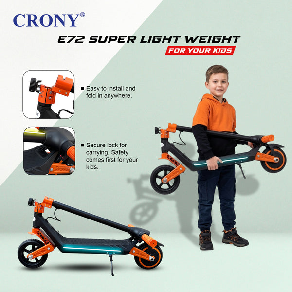 CRONY E72 Dual-Shock Electric Scooter for Kids, Orange, 150W Motor, 24V 2.6Ah Battery, 8-12KM/H Speed, 5-10KM Range, Front & Rear Suspension, LED Display, Easy Folding, 1 Year Motor Warranty