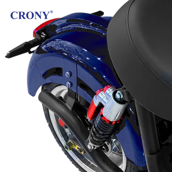 CRONY X1 Electric Motorcycle, 3000W Motor, 60V 12Ah Battery, 60-80KM/H Max Speed, 25-35KM Range, Front & Rear Disc Brakes, Front & Rear Suspension, LCD Display, LED Lights, Bluetooth Speaker, Mobile Phone Holder, Harley Bag, Blue