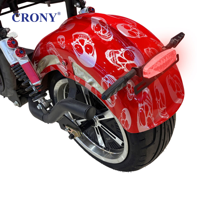 CRONY X1 Electric Motorcycle, 3000W Motor, 60V 12Ah Battery, 60-80KM/H Max Speed, 25-35KM Range, Front & Rear Disc Brakes, Front & Rear Suspension, LCD Display, LED Lights, Bluetooth Speaker, Mobile Phone Holder, Harley Bag, Red Skull