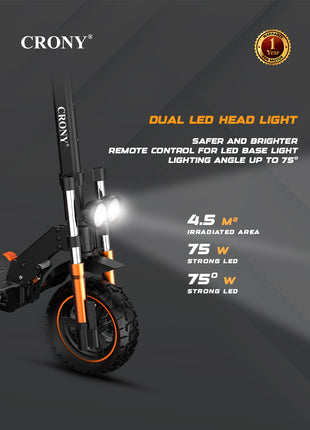 CRONY M5 Pro High-Speed Electric Scooter Up to 80 km/h, 10-Inch Wide Tires, Mobile Phone Holder, Bluetooth Speaker, Rear Luggage Box, Rearview Mirrors, Dual LED Headlamps, IPX4 Waterproof, App Connectivity