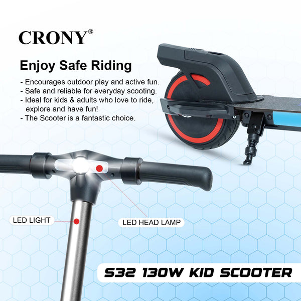 CRONY S32 Kids Foldable E-Scooter with LED Light Bar RGB Deck Lights & LED Display & E-Brake and E-Accelerator & Extended Footrest Supports Up to 100KG