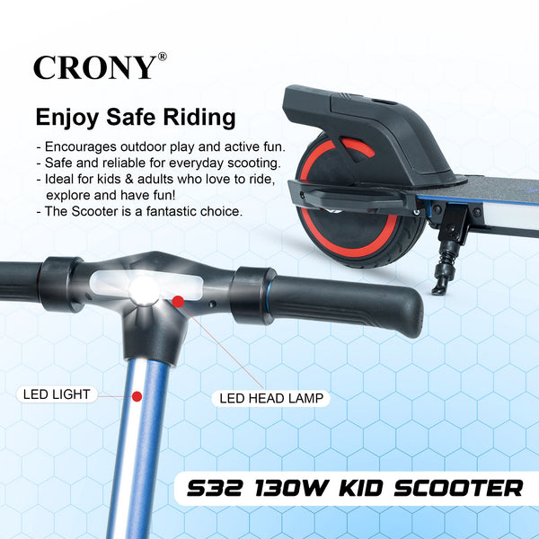 CRONY S32 Kids Foldable E-Scooter with LED Light Bar RGB Deck Lights & LED Display & E-Brake and E-Accelerator & Extended Footrest Supports Up to 100KG