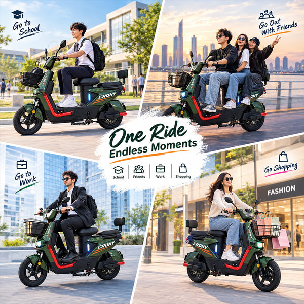 CRONY T10 Tank Electric Scooter, Green, 800W Motor, 48V 20Ah Detachable Battery, 40–60 km/h Top Speed, 40–50 km Range, Dual Seat, Front & Rear Suspension, LCD Display, Front Basket & Bluetooth Speaker