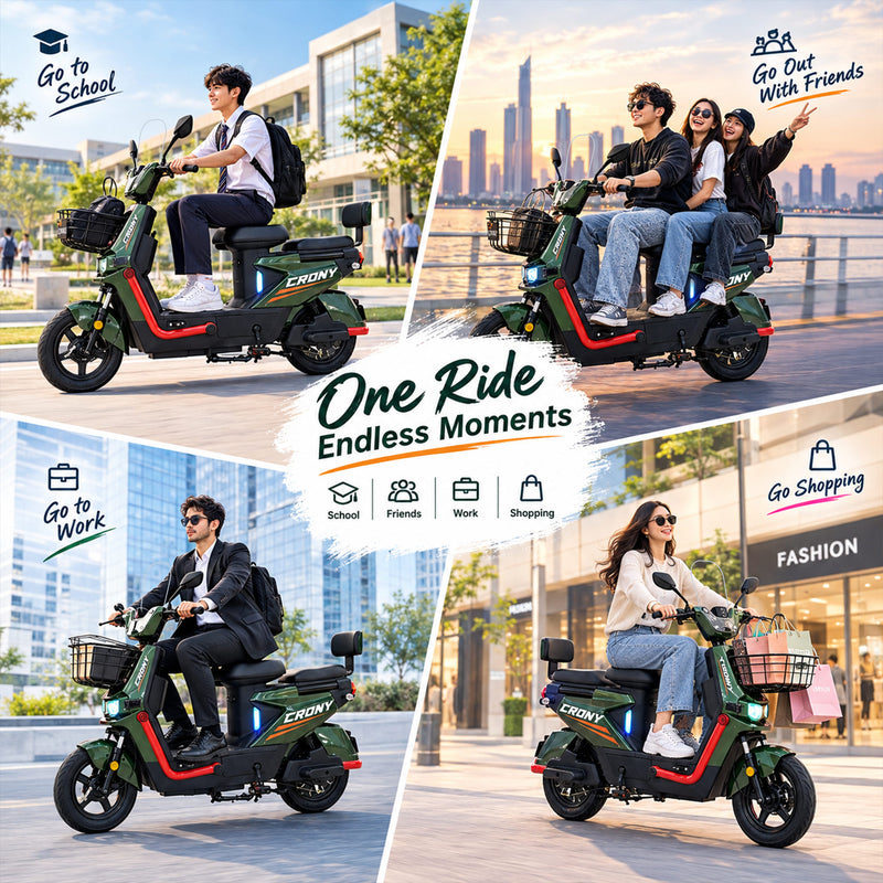 CRONY T10 Tank Electric Scooter, Green, 800W Motor, 48V 20Ah Detachable Battery, 40–60 km/h Top Speed, 40–50 km Range, Dual Seat, Front & Rear Suspension, LCD Display, Front Basket & Bluetooth Speaker