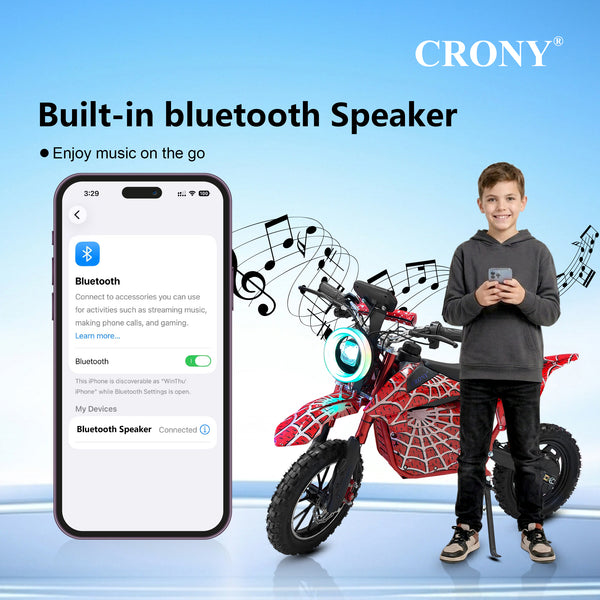 CRONY-09 Spider Red Electric Dirt Bike 350W Motor, 36V 12Ah Battery, 14 Inch Off-Road Tires, Up to 36KM/H Speed, LCD Display, LED Headlight, Bluetooth Speaker, Electric Motorcycle for Outdoor Riding, Durable Design, 1 Year Motor Warranty