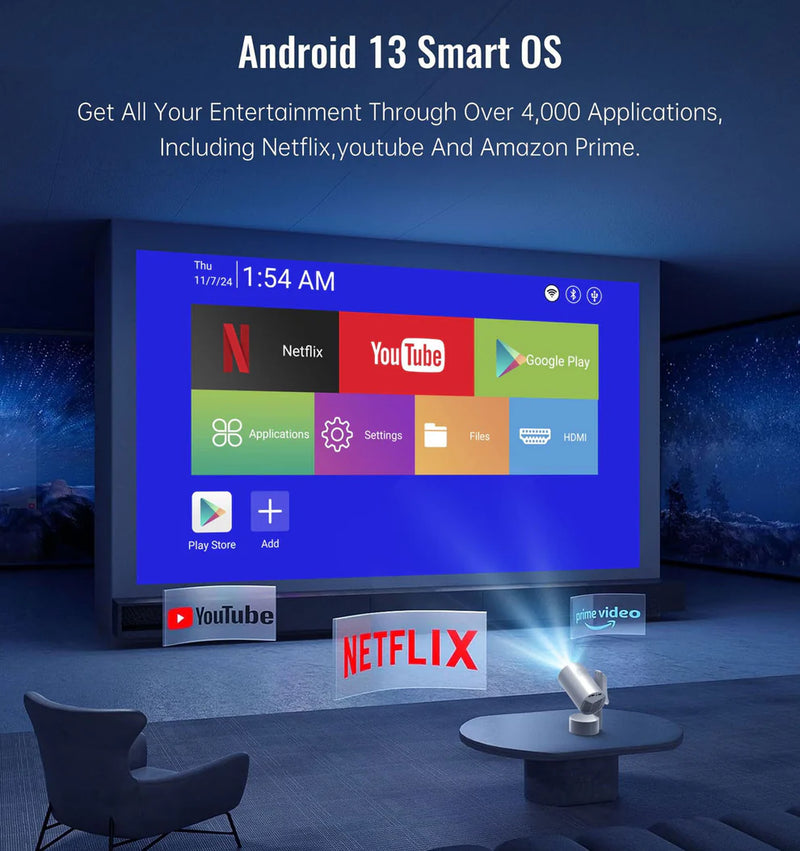 CRONY R3P Portable Mini Projector 1080P LED Smart Projector Supports 4K Decode Android with Built In Speakers