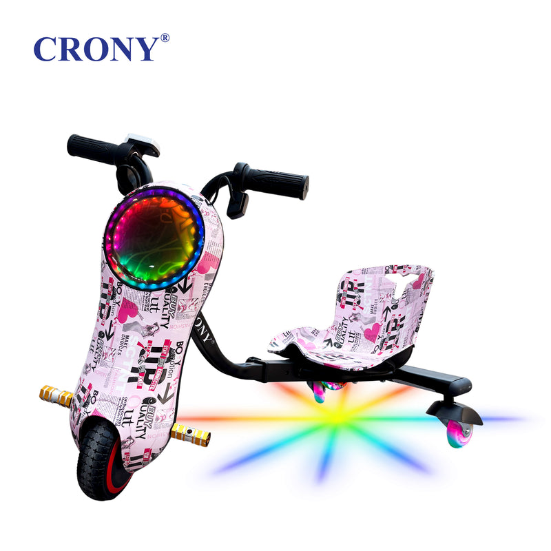 CRONY JL009 8-Inch V-Shaped Drift Car for Kids with Bluetooth Speaker 250W Motor 36V Battery 3 Speed Modes 18KM/H LED Lights Shock Absorption 3-Wheel Electric Scooter 7-10KM Range Lightweight Racing Drift Toy