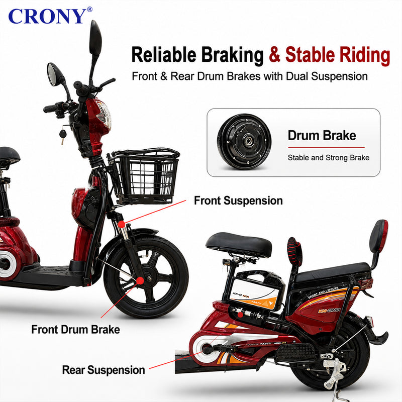 CRONY W6 Electric Bike 500W red  48V Rear Hub Motor 3-Speed 14 Inch Wheels 31-70KM Range Electric City Bike Scooter Motorcycle