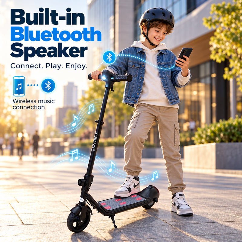 CRONY E68 Electric Scooter for Kids, 110W Motor, 10–16 KM/H Top Speed, 24V 2.5Ah Battery, 5–8 KM Range, 6.5-Inch Tires, Easy Folding, Adjustable Handlebar, LED Headlight & Rear Wheel Light, Bluetooth Speaker, Black**