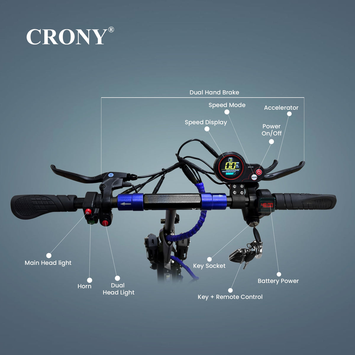 CRONY V10 Electric Scooter 1200W Motor 48V/12AH Battery 20-40KM Range Disc Brakes Front/Rear Suspension 10” Off-Road Tires