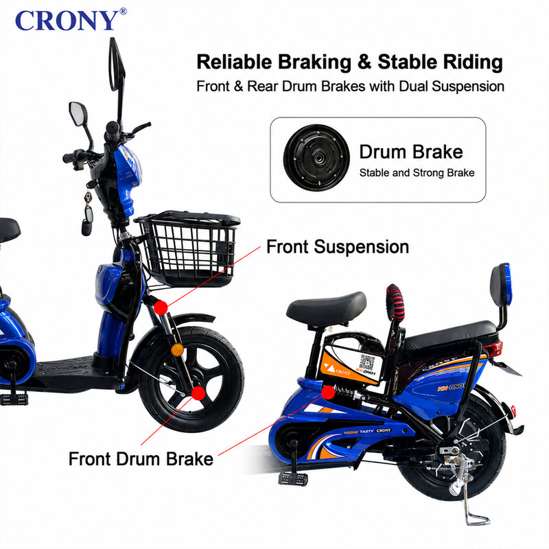 CRONY W6 Electric Bike, Blue, 500W Rear Hub Motor, 48V Battery, 14-Inch Wheels, 3-Speed Electric City Bike, 31–70 km Range, Electric Scooter Motorcycle