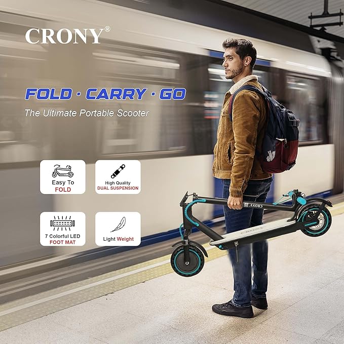 CRONY M365 Foldable Electric Scooter with Front Suspension & Durable Honeycomb Tires, 7-Colors LED Deck Lights, Lightweight Commuter Scooter with for Adults & Kids, Smart App Control