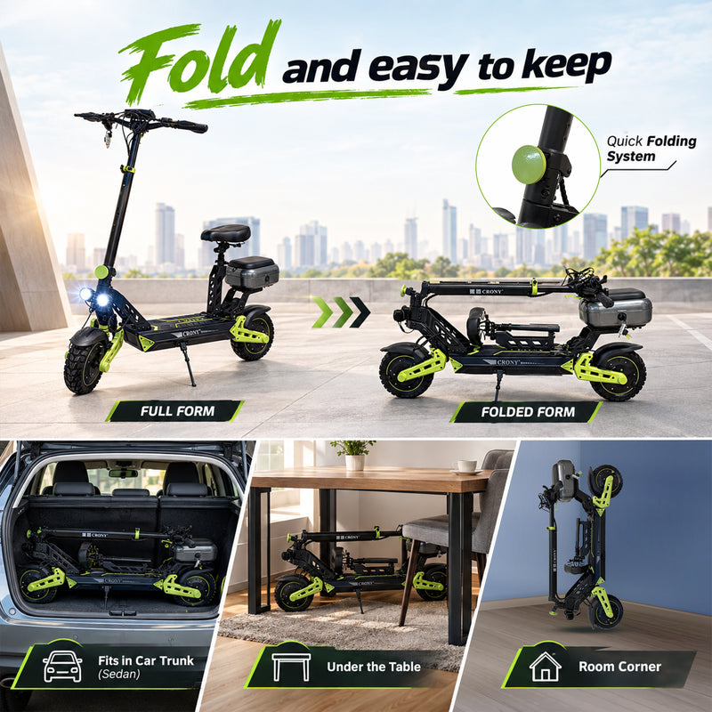 CRONY D2 Dual Motor Electric Scooter with Seat, 4000W (2000W x2), 48V 18.2Ah Battery, 45-60KM Range, Up to 70KM/H, 10-Inch Tires, Front & Rear Suspension, Disc Brakes, LED Lights, Bluetooth APP, Green
