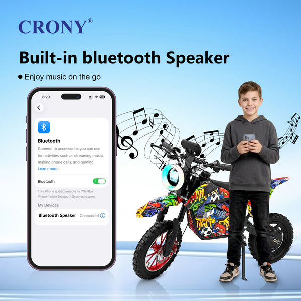 CRONY-09 Street Dance Electric Dirt Bike 350W Motor, 36V 12Ah Battery, 14 Inch Off-Road Tires, Up to 36KM/H Speed, LCD Display, LED Headlight, Bluetooth Speaker, Electric Motorcycle for Outdoor Riding, Durable Design, 1 Year Motor Warranty