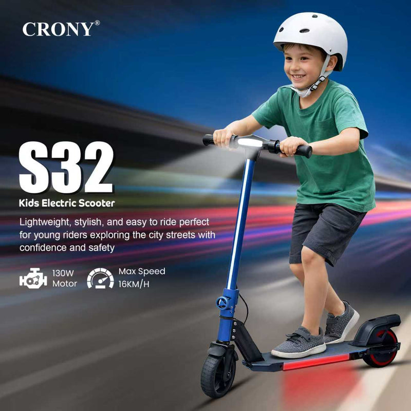 The CRONY S32 is a foldable electric scooter available in multiple colors, featuring an aluminum alloy body, a 130W motor, an LED display, and seven-color footboard lights.