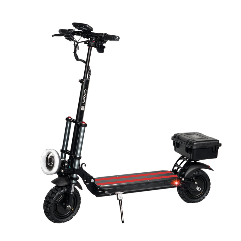 The CRONY V18 is a high-performance electric scooter powered by dual 1500W motors, delivering strong acceleration and smooth riding with speeds up to 40 KM/H. Equipped with a 48V 18AH battery, it offers a travel range of 30–60 KM on a single charge.