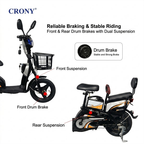 CRONY W6 Electric Bike, Black, 500W Rear Hub Motor, 48V Battery, 14-Inch Wheels, 3-Speed Electric City Bike, 31–70 km Range, Electric Scooter Motorcycle
