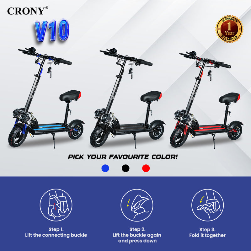 CRONY V10 Black Fast Speed Electric Scooter 1200W Motor, 48V Battery, Top Speed 45-68Km/h, Range 20-40Km, Triple LED Headlamps, Base LED Lights, 10 Inch Tyres
