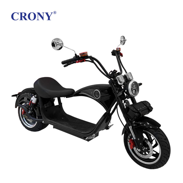 CRONY X1 Electric Motorcycle, 3000W Motor, 60V 12Ah Battery, 60-80KM/H Max Speed, 25-35KM Range, Front & Rear Disc Brakes, Front & Rear Suspension, LCD Display, LED Lights, Bluetooth Speaker, Mobile Phone Holder, Harley Bag, Black