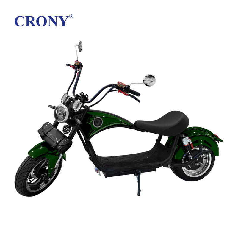 CRONY X1 Electric Motorcycle, 3000W Motor, 60V 12Ah Battery, 60-80KM/H Max Speed, 25-35KM Range, Front &amp; Rear Disc Brakes, Front &amp; Rear Suspension, LCD Display, LED Lights, Bluetooth Speaker, Mobile Phone Holder, Harley Bag, Green